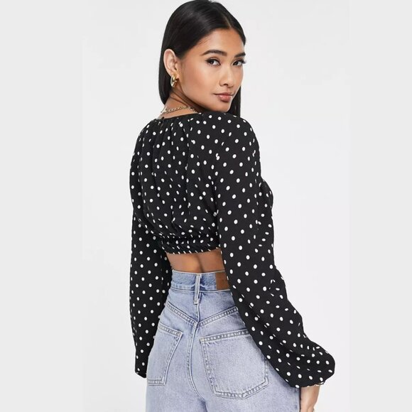 NWOT - ASOS Lola May Cropped Black and White Polka Dot Blouse - Size 4 - Picture 2 of 6